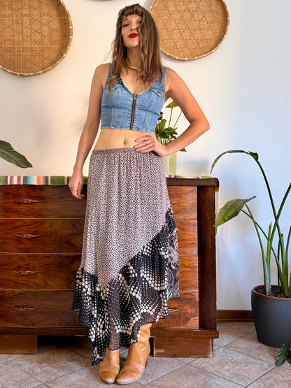 Y2k vintage tan and black silk polkadot and floral asymmetrical maxi skirt
