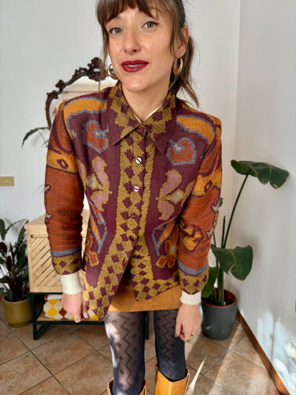 1970's vintage burgundy and mustard yellow woven wool floral shirt