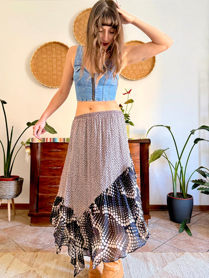 Y2k vintage tan and black silk polkadot and floral asymmetrical maxi skirt