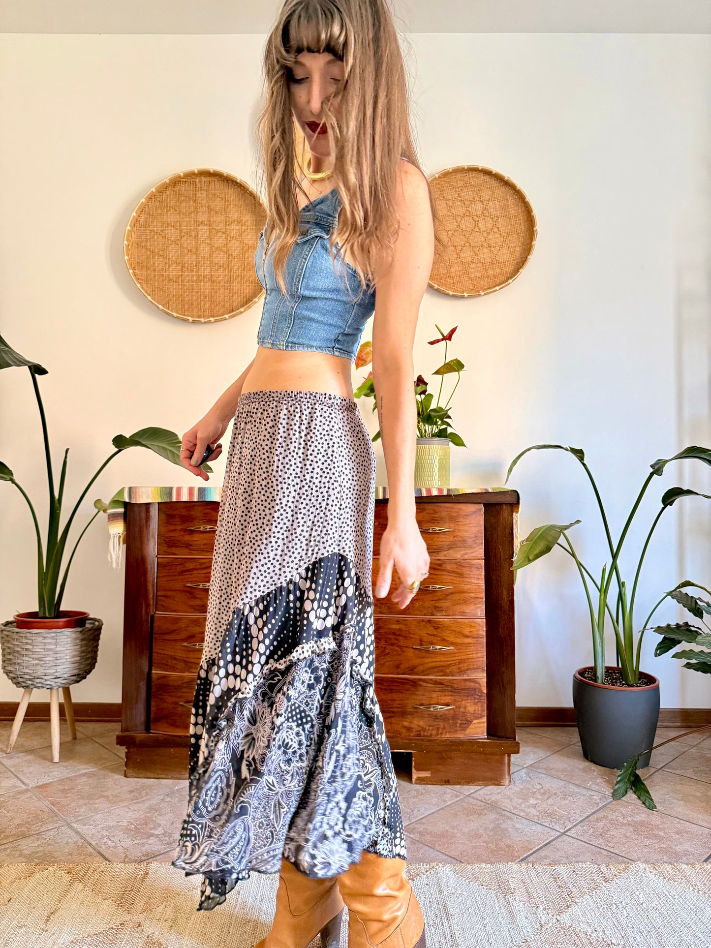 Y2k vintage tan and black silk polkadot and floral asymmetrical maxi skirt