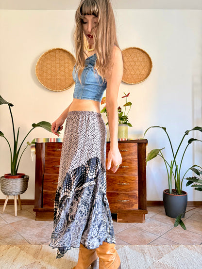 Y2k vintage tan and black silk polkadot and floral asymmetrical maxi skirt