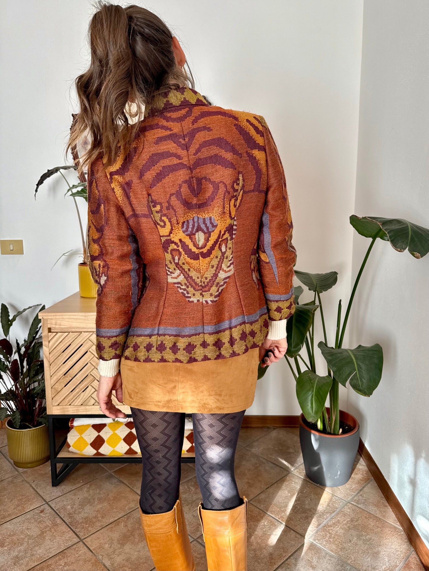 1970's vintage burgundy and mustard yellow woven wool floral shirt