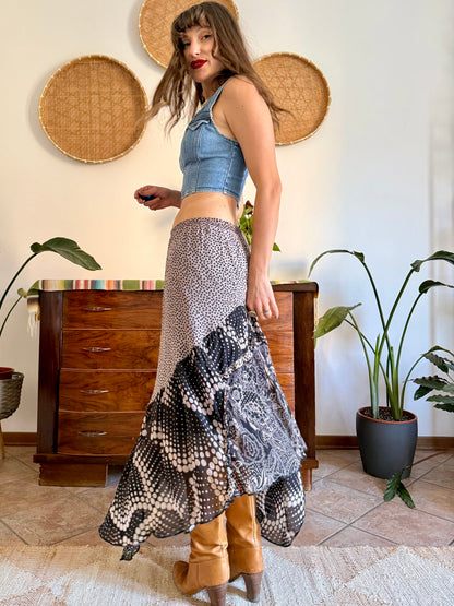 Y2k vintage tan and black silk polkadot and floral asymmetrical maxi skirt