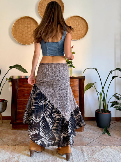 Y2k vintage tan and black silk polkadot and floral asymmetrical maxi skirt