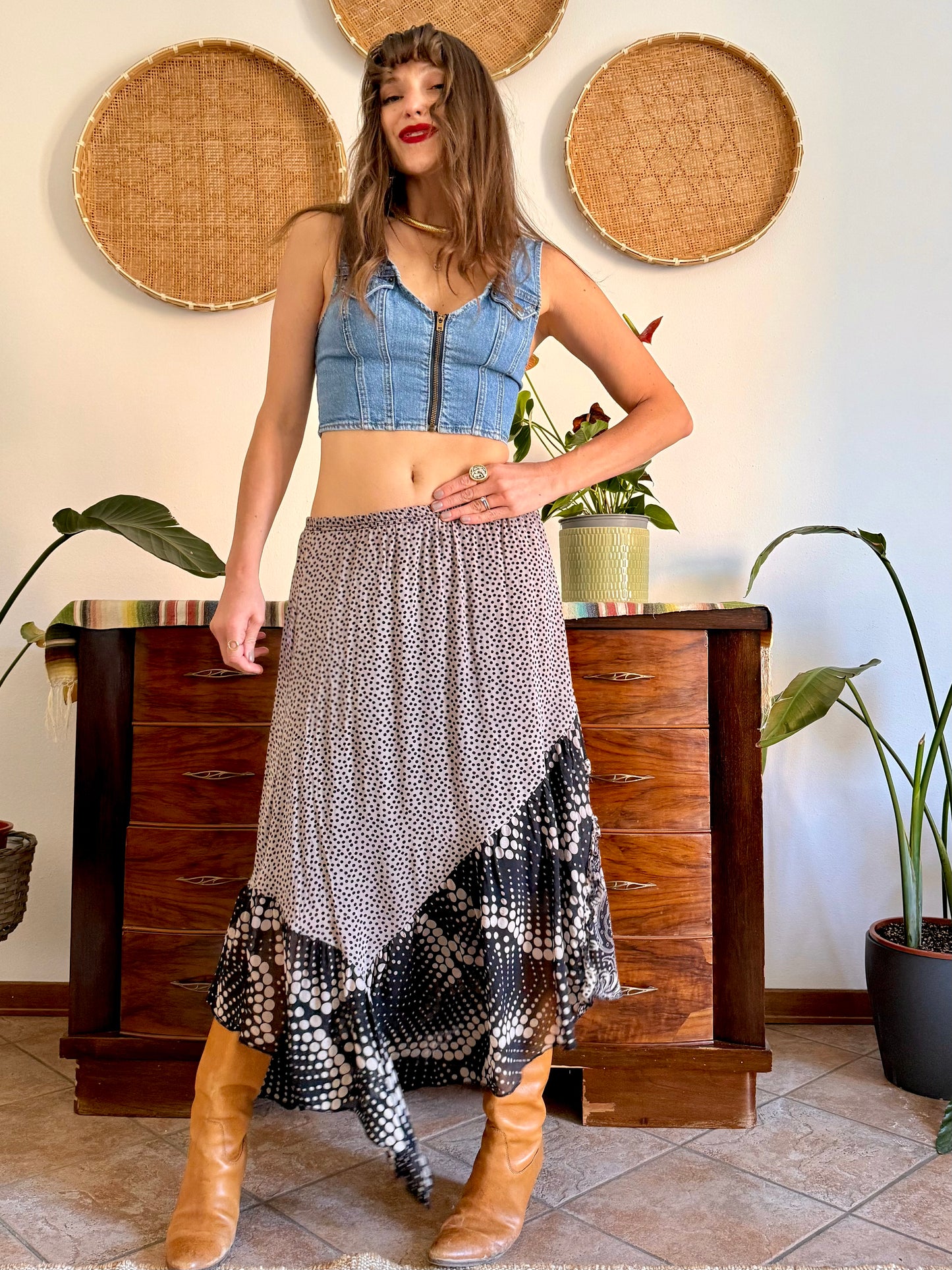 Y2k vintage tan and black silk polkadot and floral asymmetrical maxi skirt