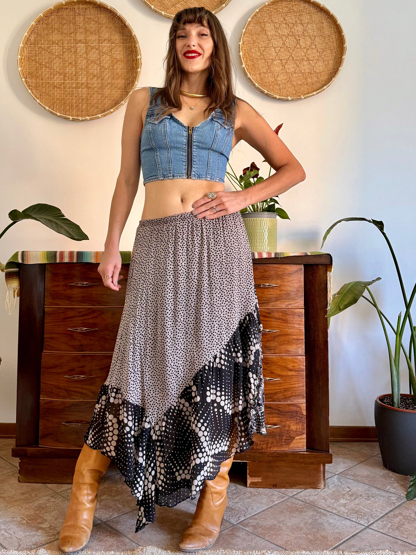 Y2k vintage tan and black silk polkadot and floral asymmetrical maxi skirt