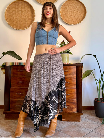 Y2k vintage tan and black silk polkadot and floral asymmetrical maxi skirt