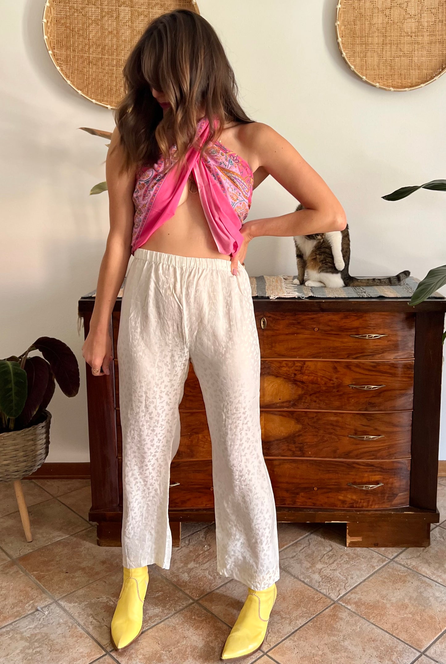 1970's vintage cream abstract animal print silk pants