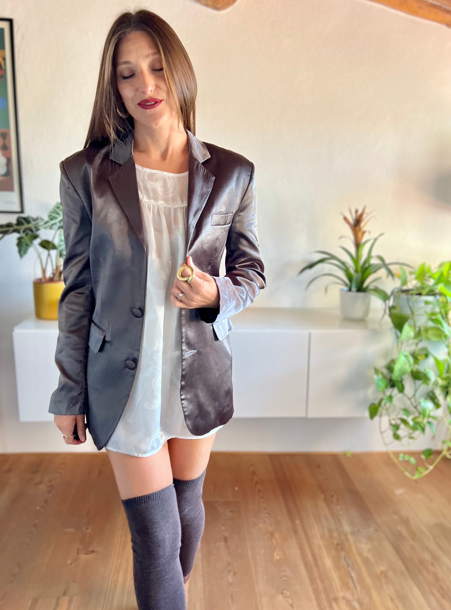 1970's vintage chocolate brown satin blazer