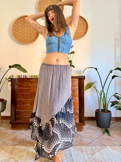 Y2k vintage tan and black silk polkadot and floral asymmetrical maxi skirt