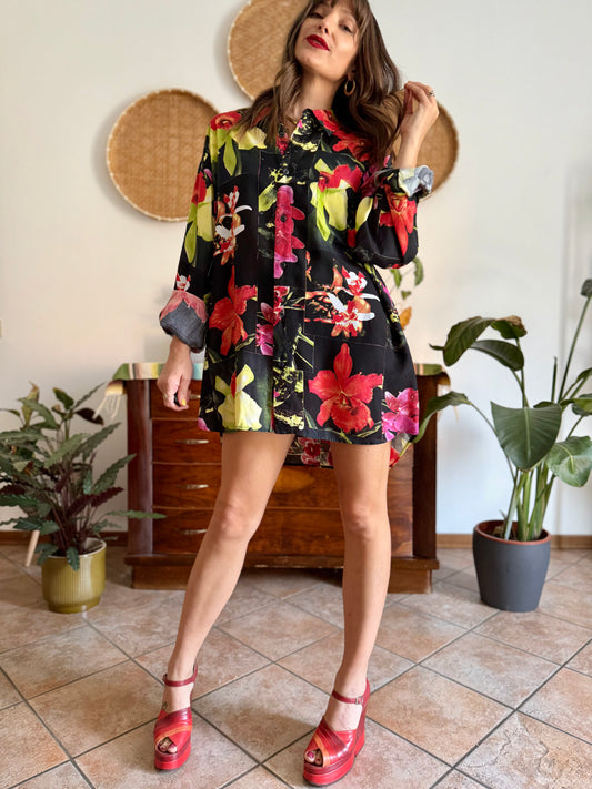 Y2k vintage oversize black, red and green orchid print shirt dress
