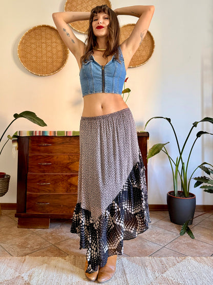 Y2k vintage tan and black silk polkadot and floral asymmetrical maxi skirt