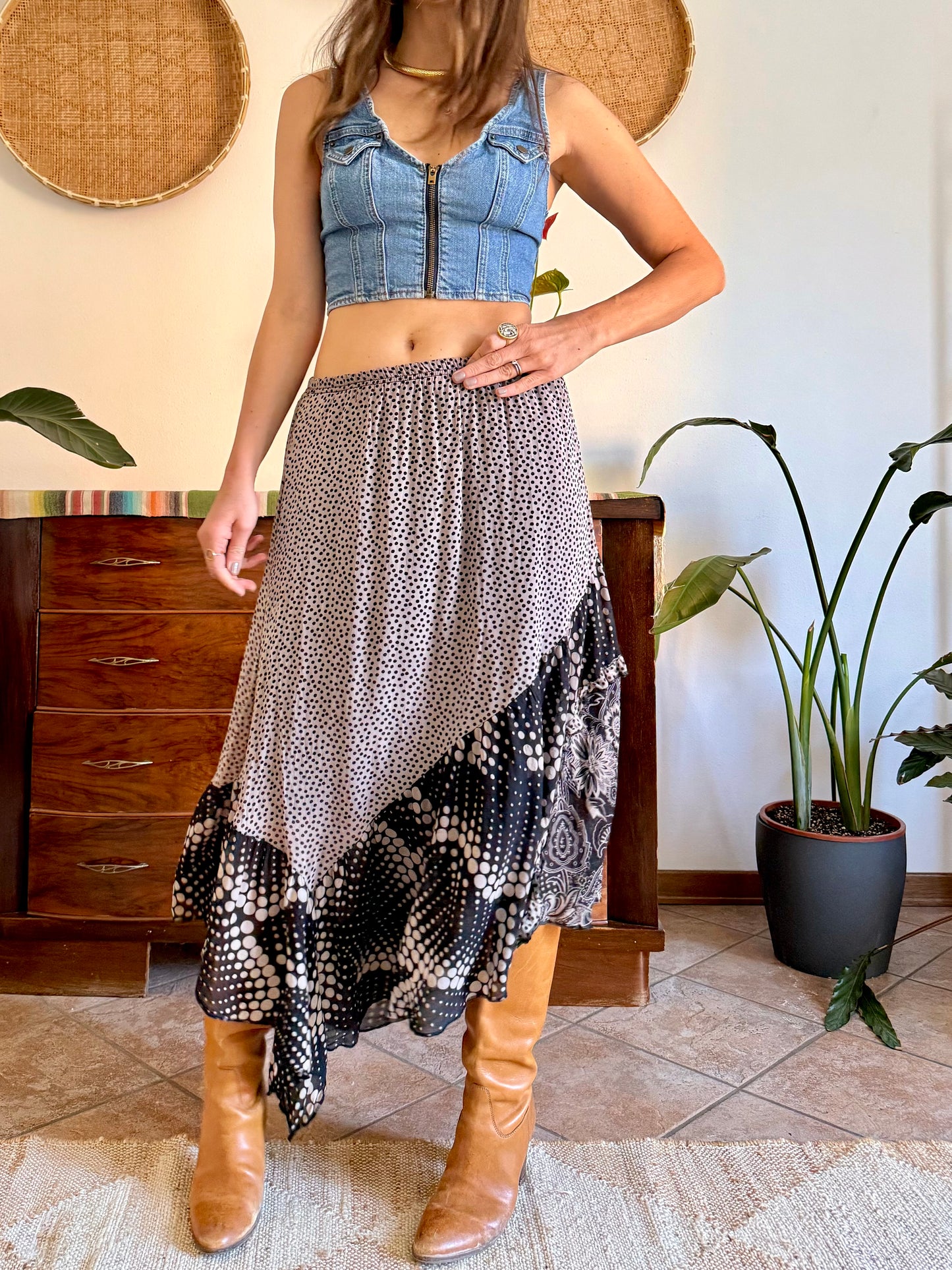 Y2k vintage tan and black silk polkadot and floral asymmetrical maxi skirt