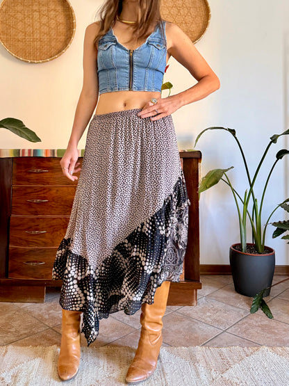 Y2k vintage tan and black silk polkadot and floral asymmetrical maxi skirt