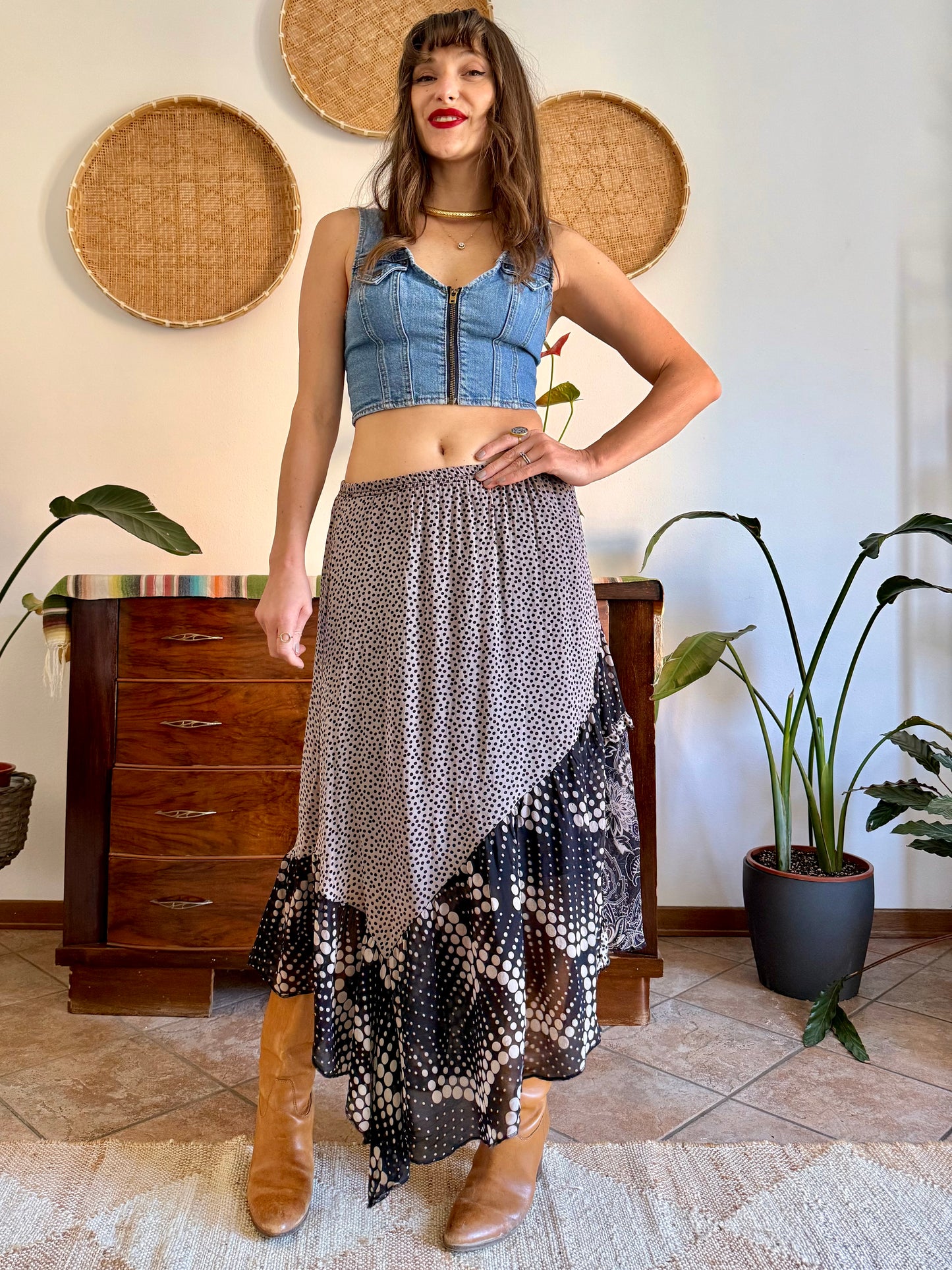 Y2k vintage tan and black silk polkadot and floral asymmetrical maxi skirt