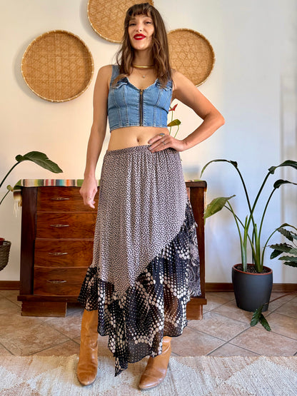 Y2k vintage tan and black silk polkadot and floral asymmetrical maxi skirt