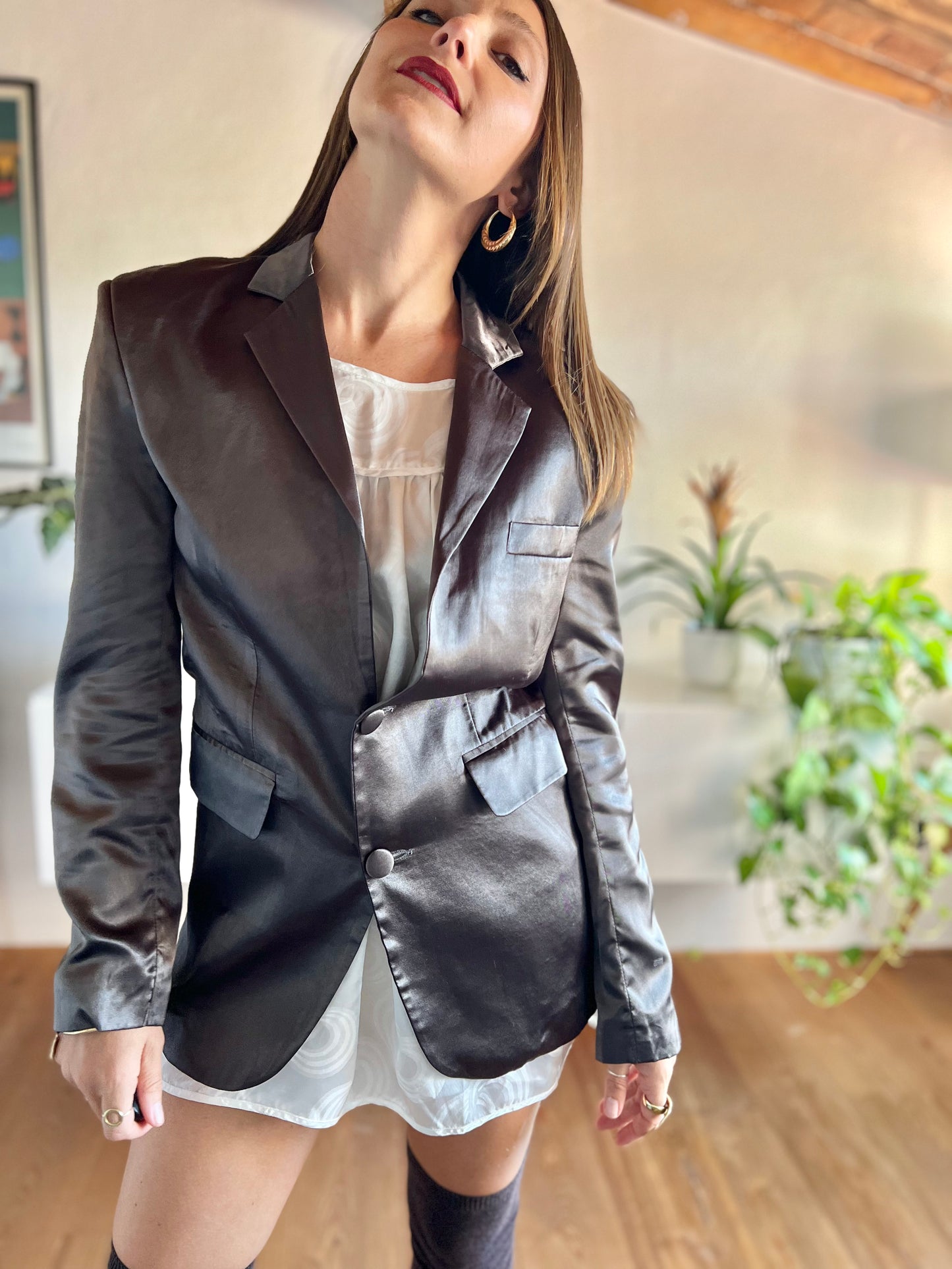 1970's vintage chocolate brown satin blazer