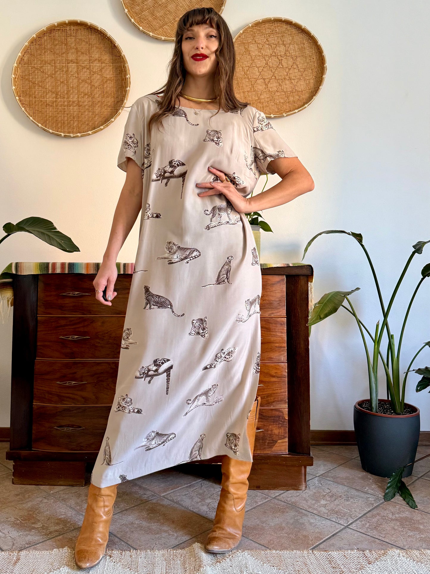 1990's vintage beige maxi dress with cheetah print