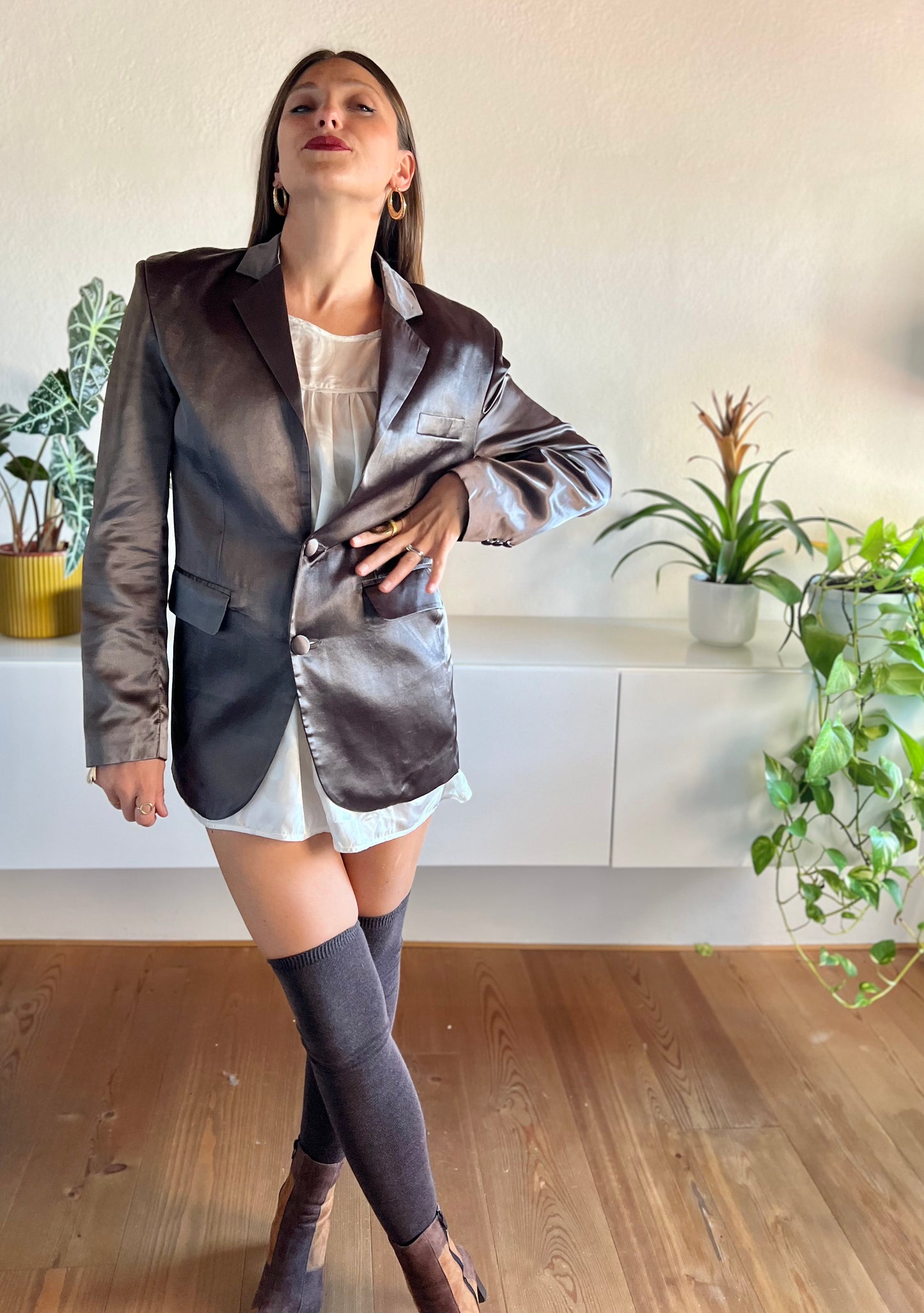 1970's vintage chocolate brown satin blazer