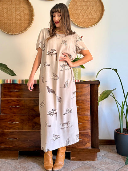 1990's vintage beige maxi dress with cheetah print