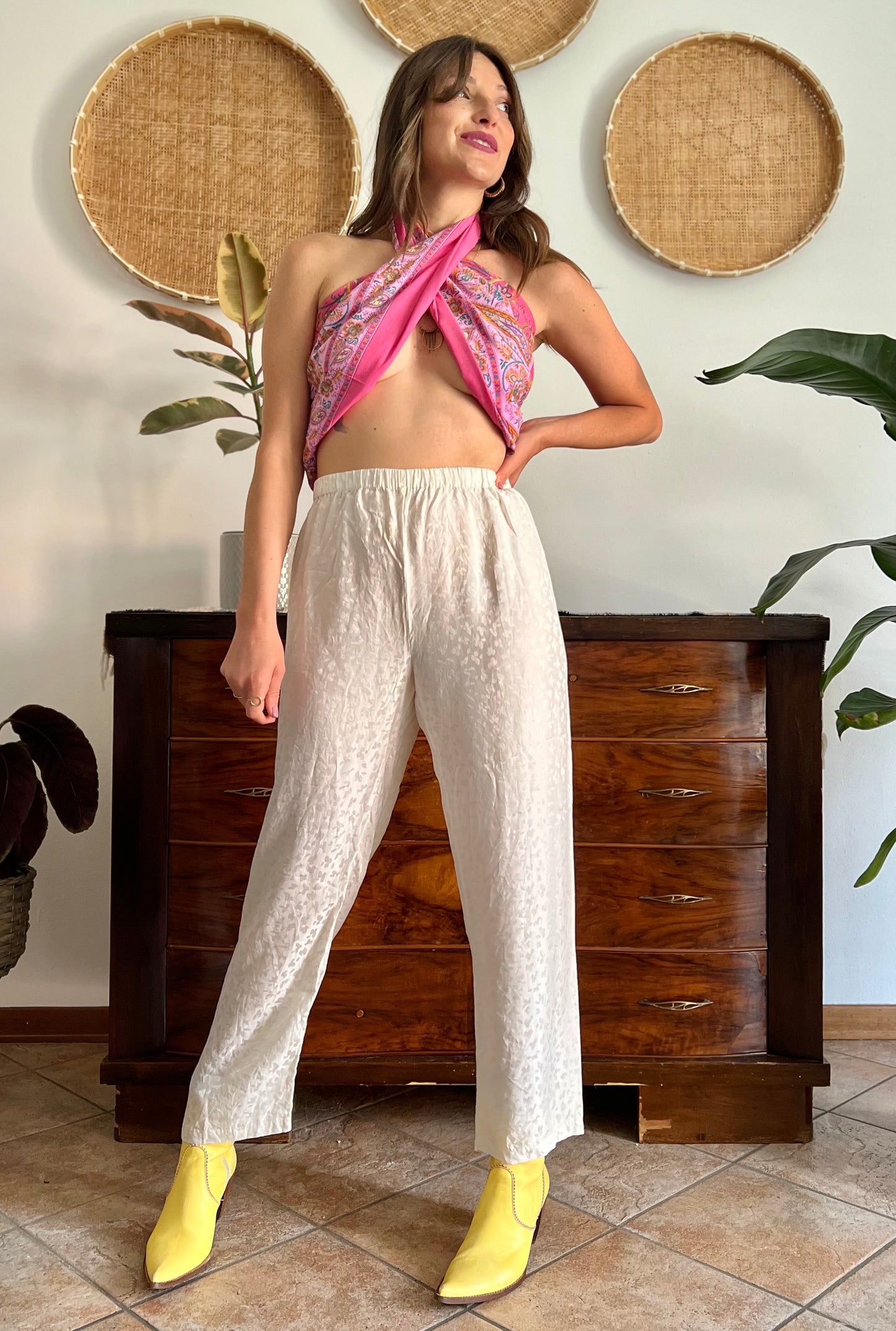 1970's vintage cream abstract animal print silk pants