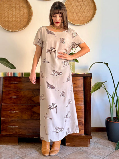 1990's vintage beige maxi dress with cheetah print