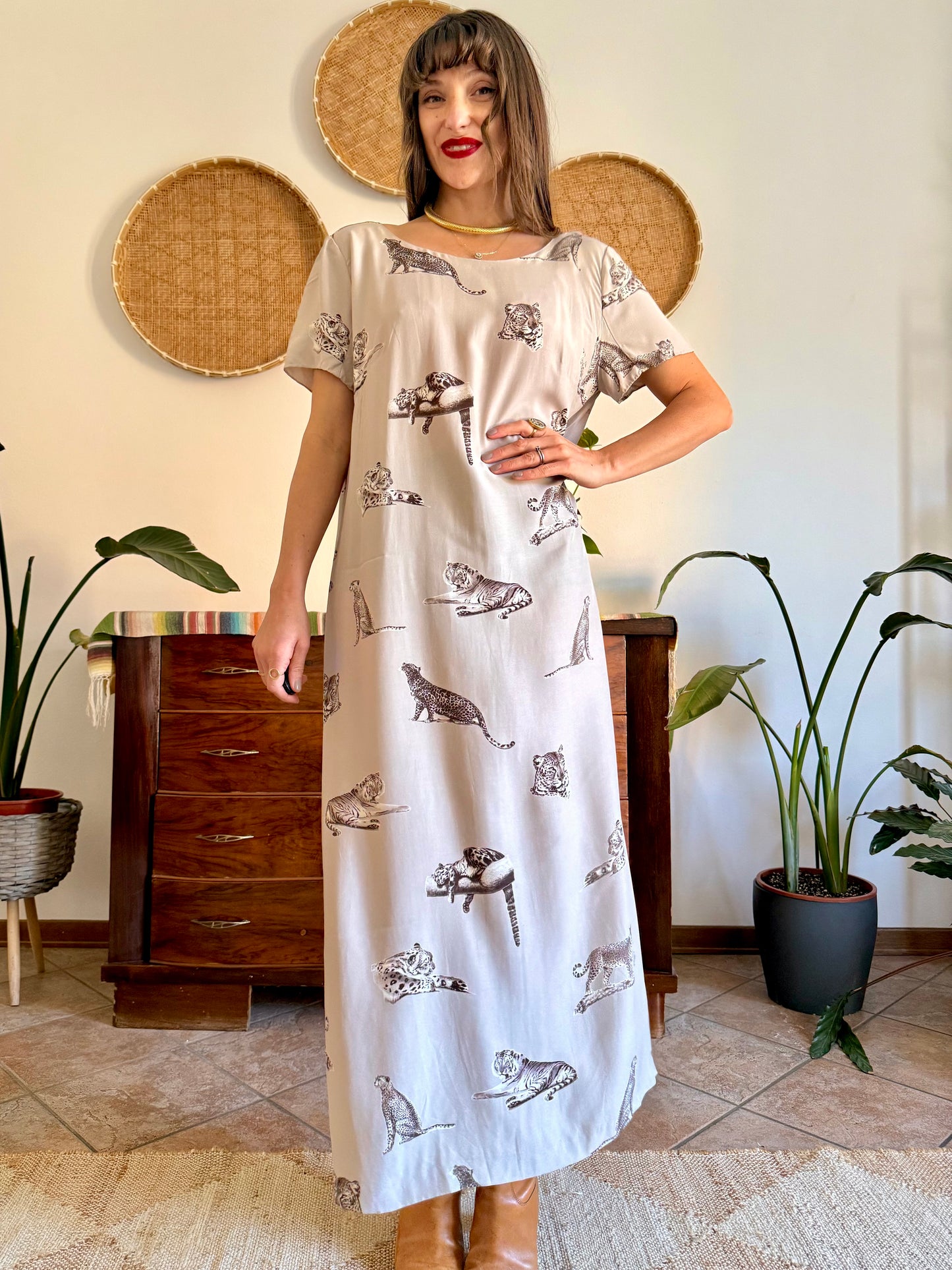 1990's vintage beige maxi dress with cheetah print