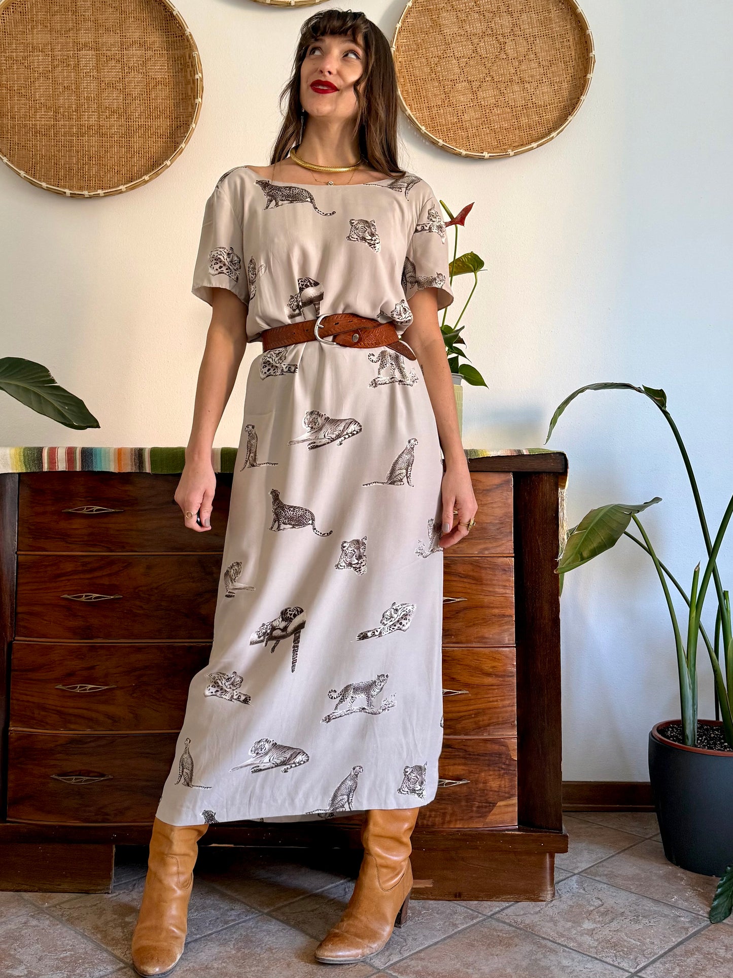 1990's vintage beige maxi dress with cheetah print