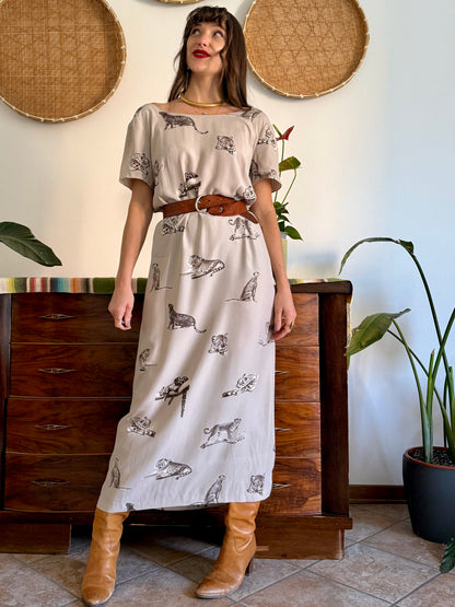 1990's vintage beige maxi dress with cheetah print