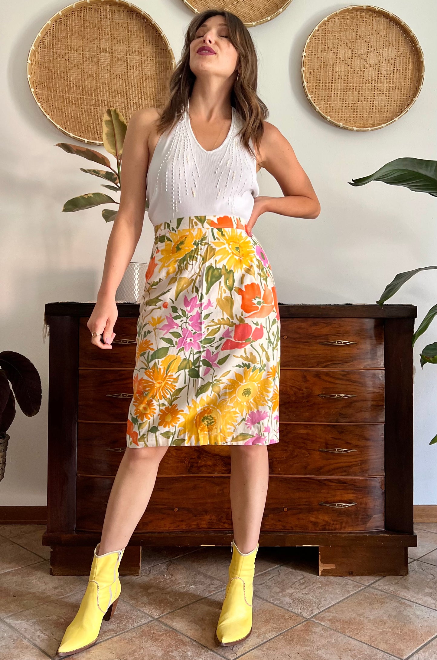 1970's vintage orange, pink and green large floral print