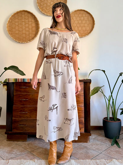 1990's vintage beige maxi dress with cheetah print