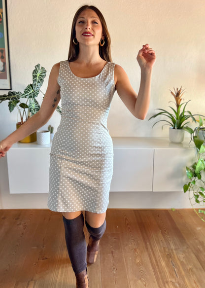 1970's vintage tan tailored body con midi dress with cream polkadots