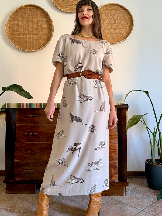 1990's vintage beige maxi dress with cheetah print