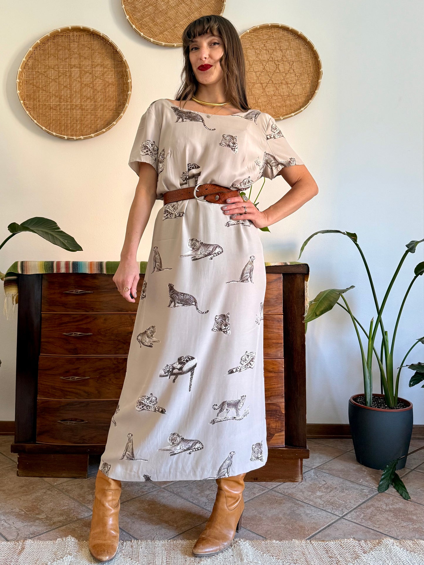 1990's vintage beige maxi dress with cheetah print