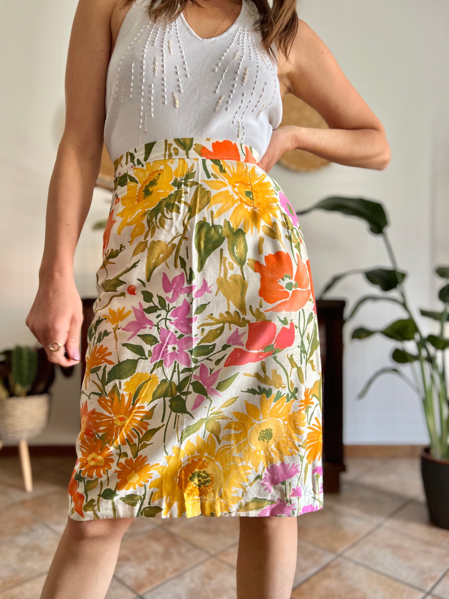 1970's vintage orange, pink and green large floral print