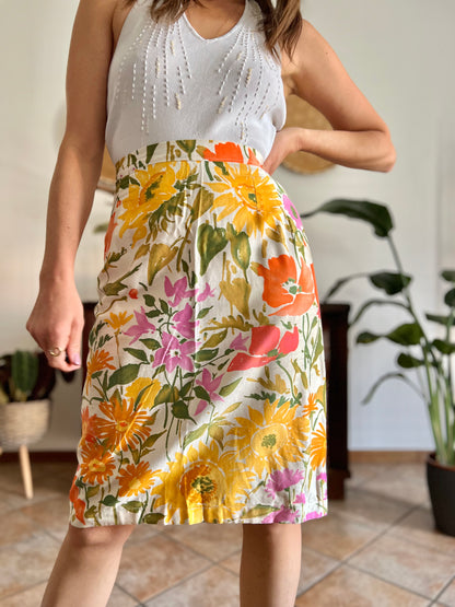 1970's vintage orange, pink and green large floral print