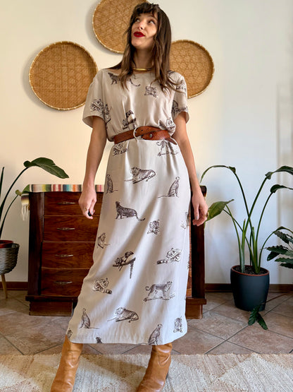 1990's vintage beige maxi dress with cheetah print