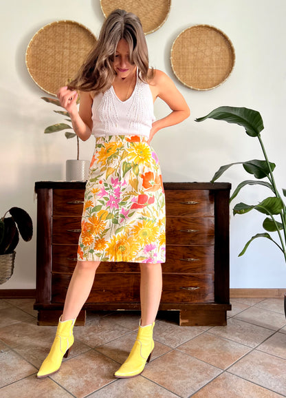 1970's vintage orange, pink and green large floral print