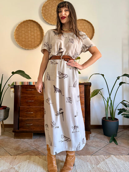 1990's vintage beige maxi dress with cheetah print