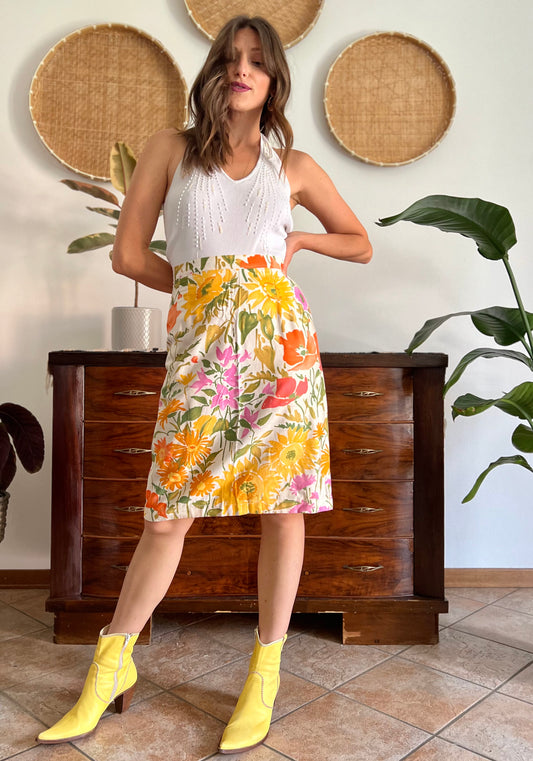 1970's vintage orange, pink and green large floral print