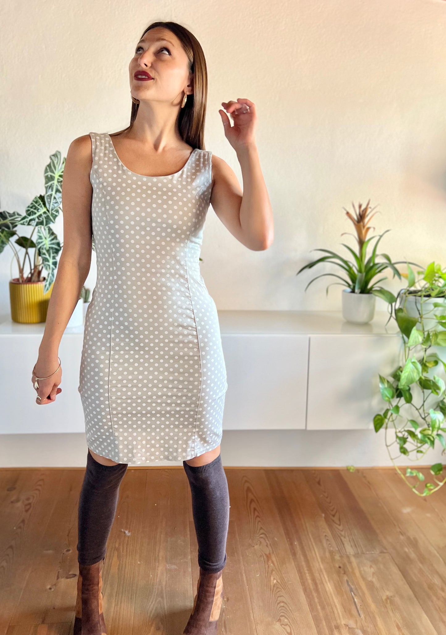 1970's vintage tan tailored body con midi dress with cream polkadots