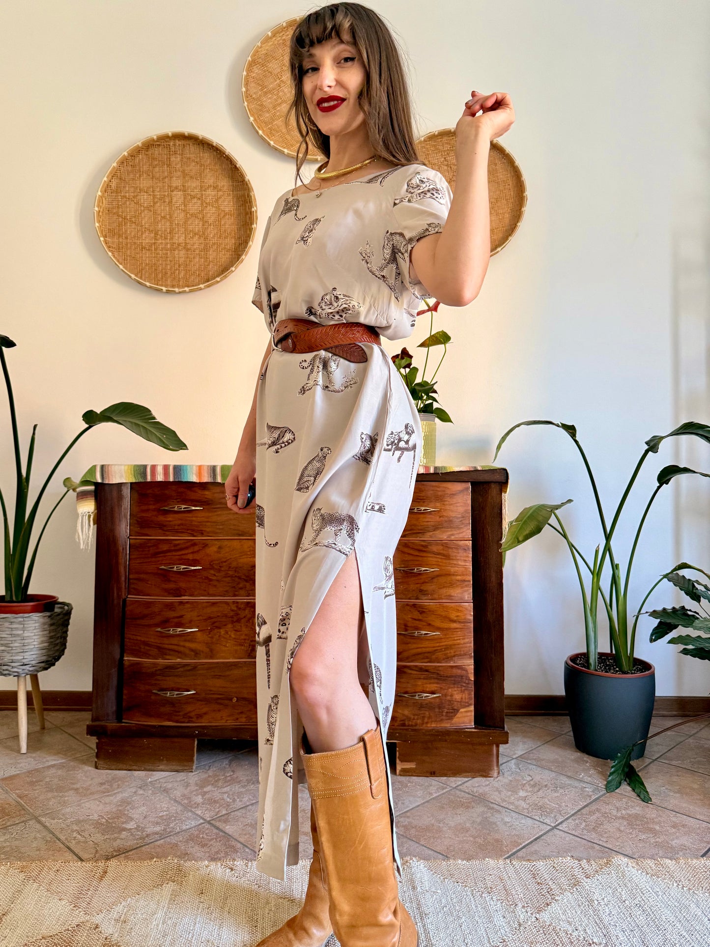 1990's vintage beige maxi dress with cheetah print
