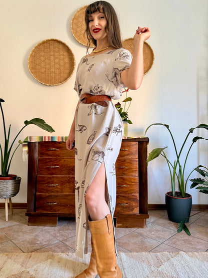 1990's vintage beige maxi dress with cheetah print