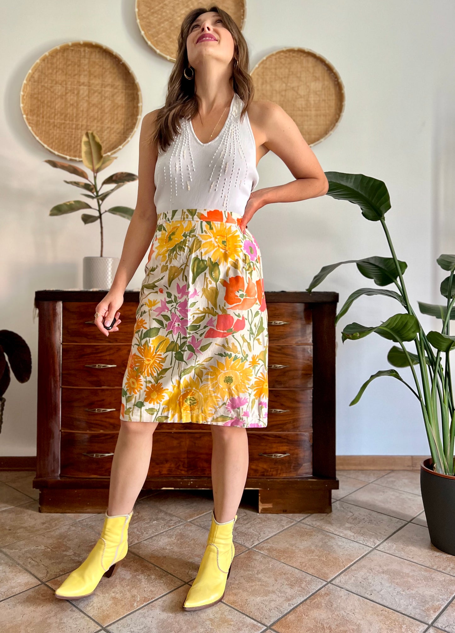 1970's vintage orange, pink and green large floral print