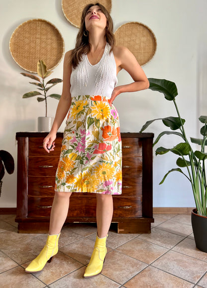 1970's vintage orange, pink and green large floral print