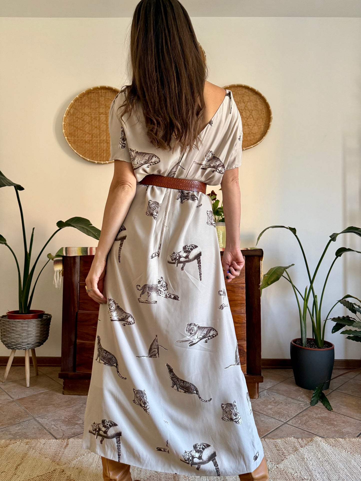 1990's vintage beige maxi dress with cheetah print