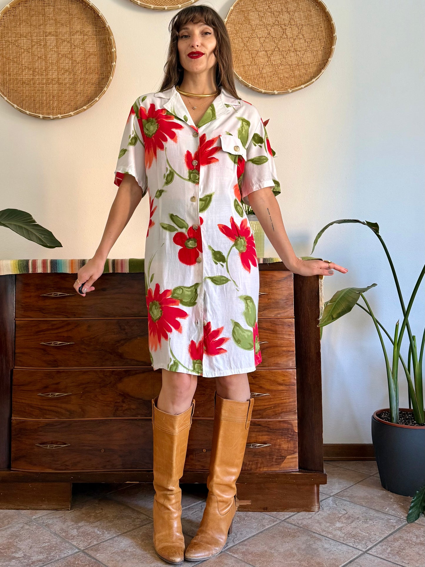1990's vintage white button fdown dress with red and green floral print
