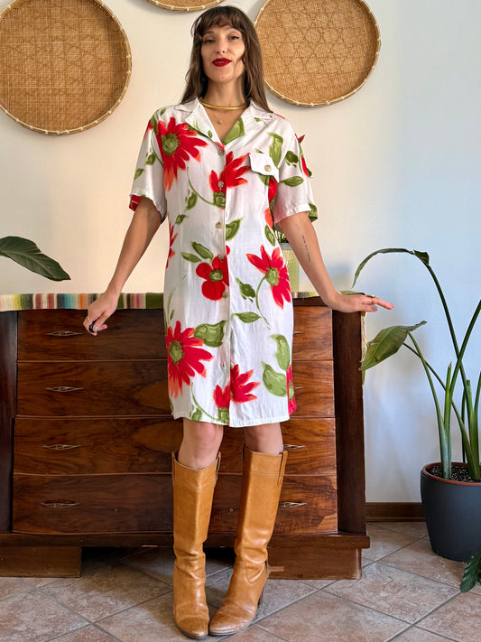 1990's vintage white button fdown dress with red and green floral print