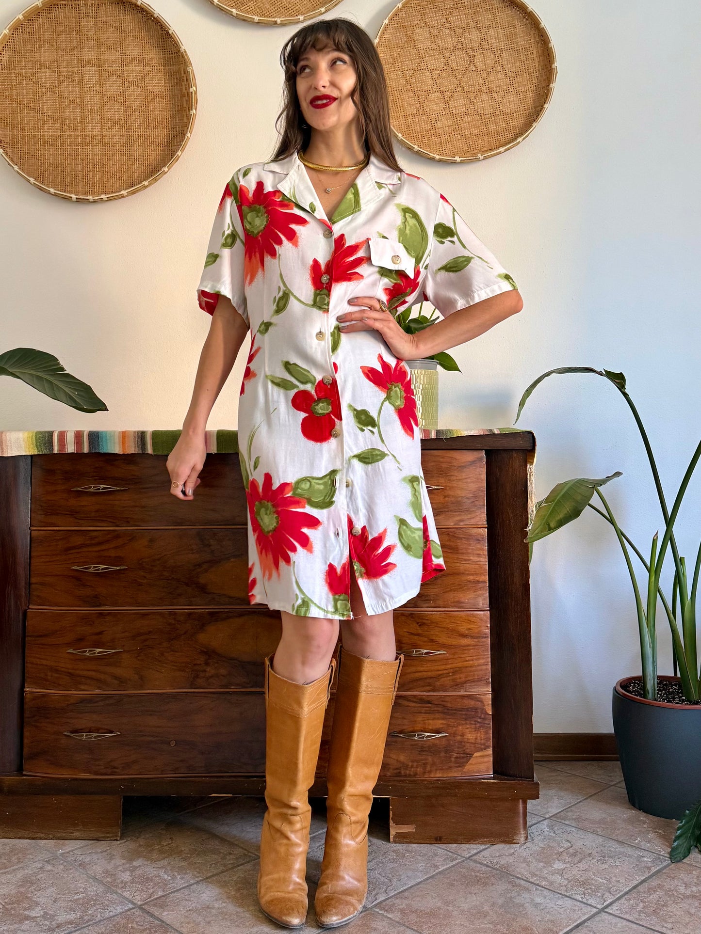 1990's vintage white button fdown dress with red and green floral print