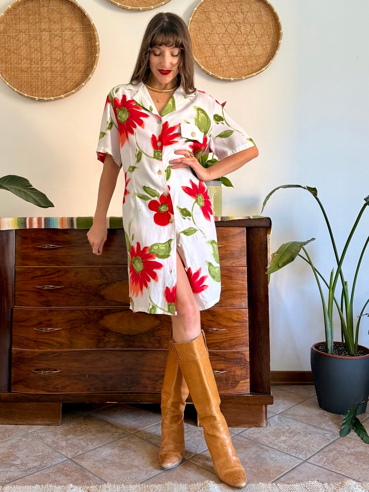 1990's vintage white button fdown dress with red and green floral print